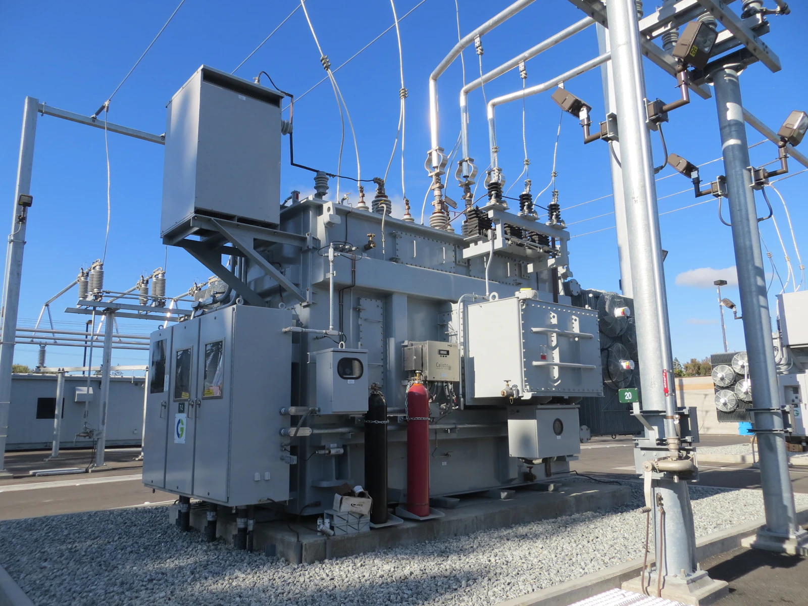Transformers at an electrical substation.